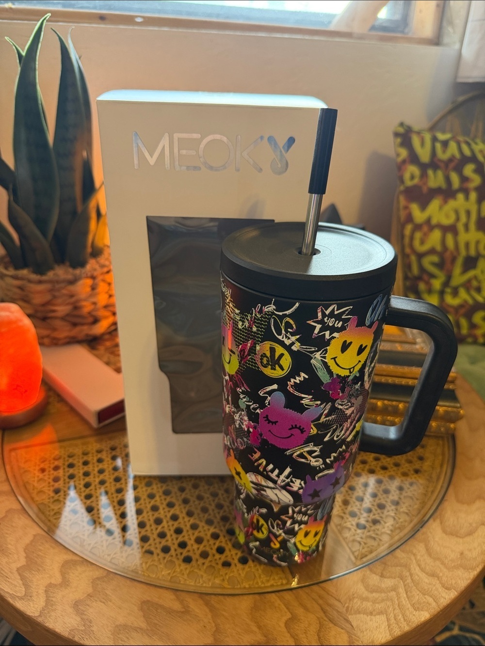 Black Graffiti Travel Tumbler with Handle and Straw